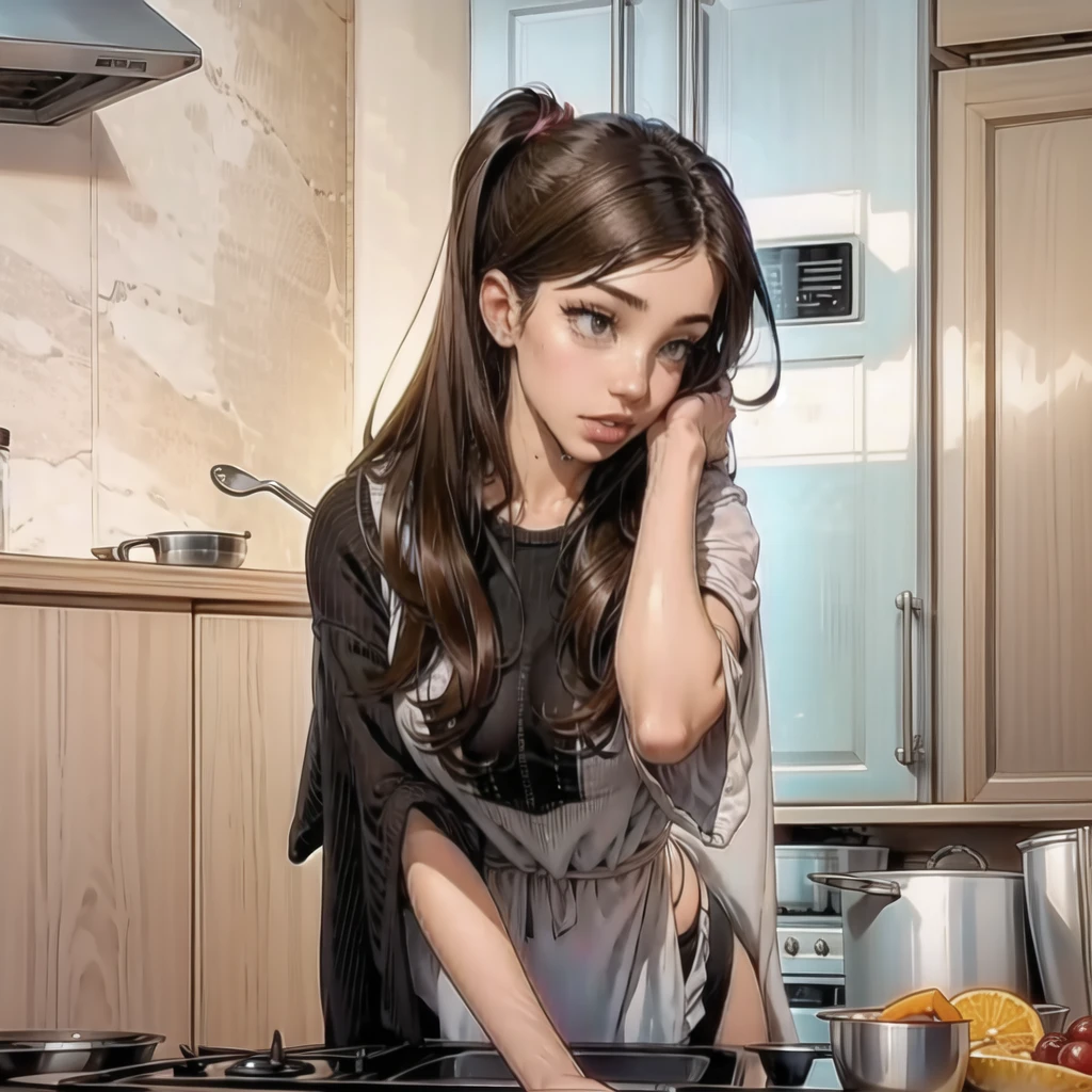 young girl watching her moms  shocking at kitchen 