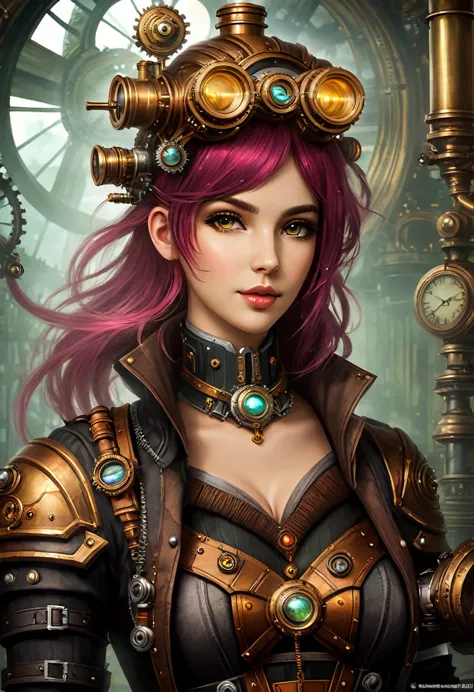 (((candber girl))) adorned with steampunk elements, blending perfectland into a candberpunk environment, (mysterious) and (dands...