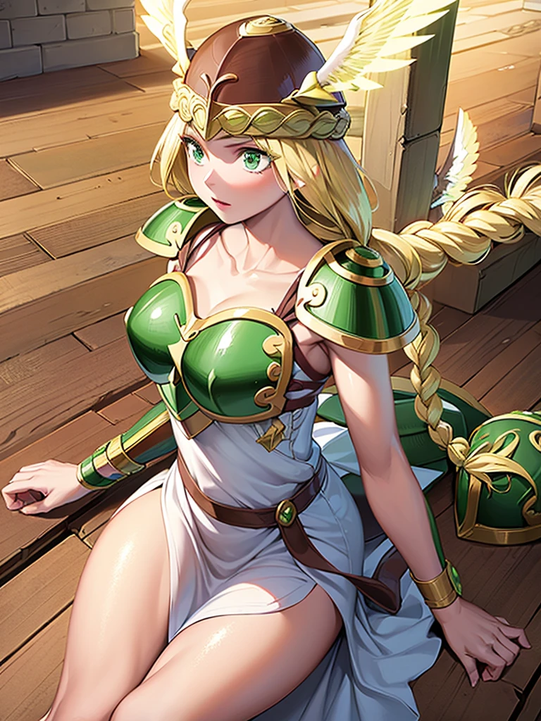 masterpiece,best quality,1girl, 18yo, beautiful girl,BREAK,(Armor:1.5),(Helmet with wings:1.4),(Beautiful blonde,braid,Green Eyes:1.5),BREAK,(White Dress:1.3),(move chart:1.3),