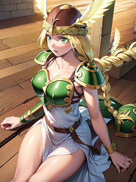 masterpiece,best quality,1girl, 18yo, beautiful girl,BREAK,(Armor:1.5),(Helmet with wings:1.4),(Beautiful blonde,braid,Green Eye...