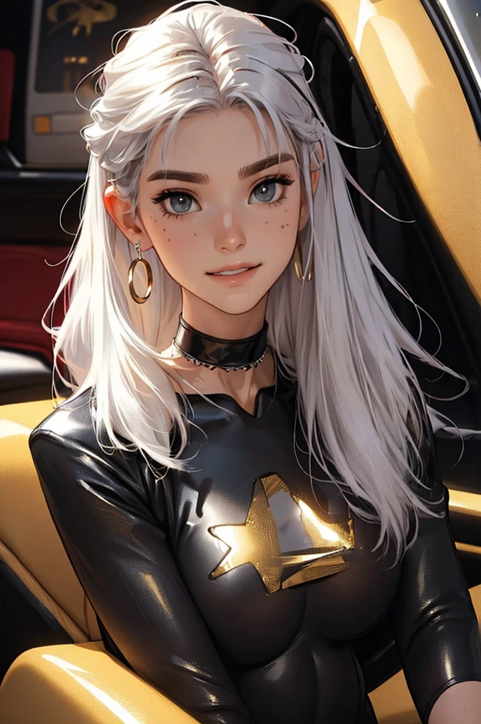 tmasterpiece，（tmasterpiece，top-quality，best qualityer），1girll， jewely，耳Nipple Ring，choker necklace，bangle， hoop earings， ， Long hair and long meat， Blonde hair，(Black color hair，Silvery-white hair，Maroon hair， solo， ssmile， looking at viewert， motorvehicle，The Car， Sports cars，groundvehicle， Sat down， exteriors， daysies， medium breasts，Open navel， dark skinned female， floral patterns， grinning smile，collars，Laser cloth，(black leather bodysuit)， laser，holy rays，gold foil，Gold leaf art，glitter drawing，Correct anatomy，Detailed face, Detailed eyes，Chest exposed，(miami, night life)