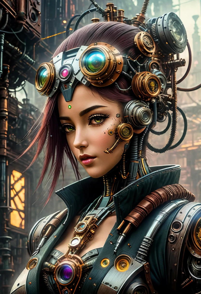 (((Cybernetic girl))) adorned with steampunk elements, blending seamlessly into a cyberpunk environment, (mysterious) and (dystopian) ambiance, (masterpiece) of lifelive art