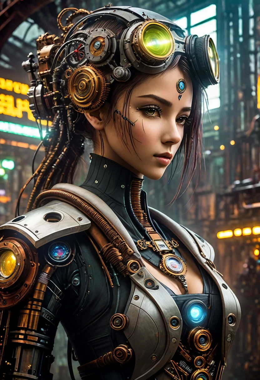 (((Cybernetic girl))) adorned with steampunk elements, blending seamlessly into a cyberpunk environment, (mysterious) and (dystopian) ambiance, (masterpiece) of lifelive art