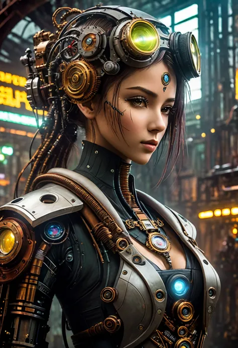 (((Cybernetic girl))) adorned with steampunk elements, blending seamlessly into a cyberpunk environment, (mysterious) and (dysto...