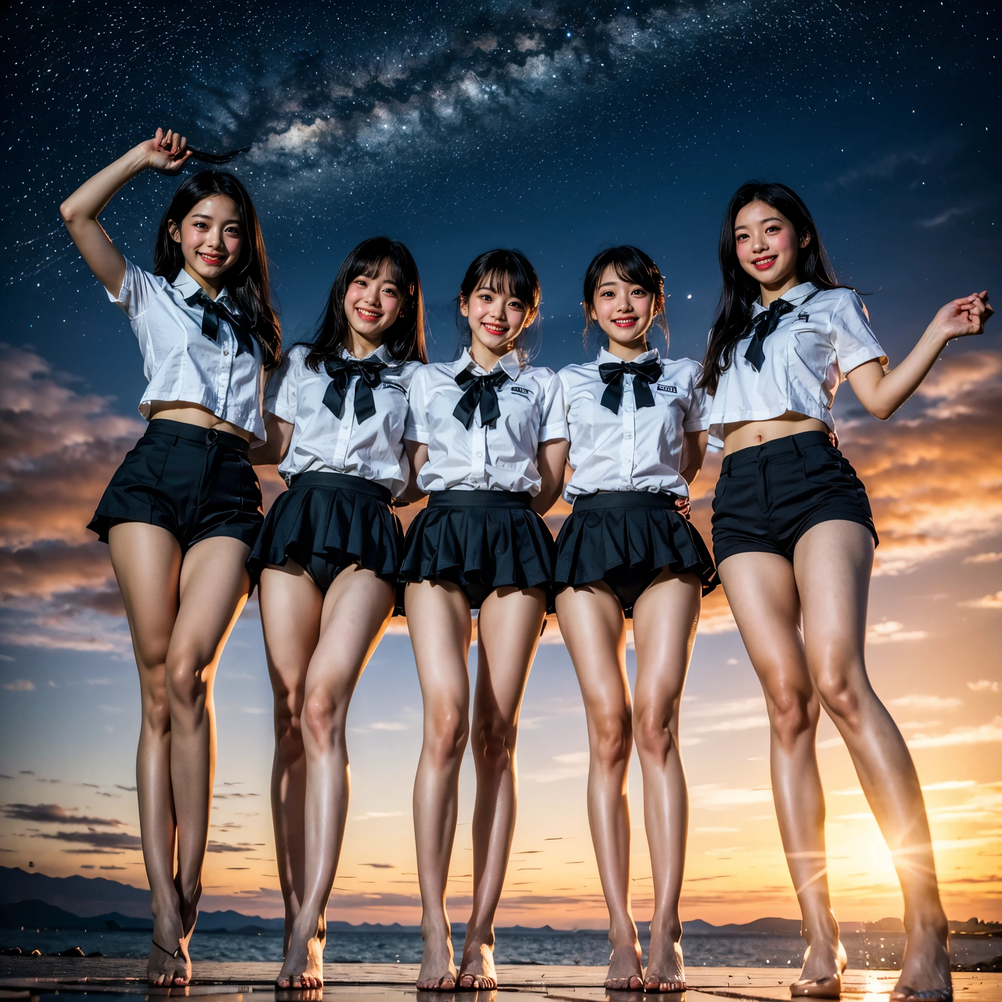  Masterpiece of ProfessionalPhoto ((ExtremelyDetailed (12 PICHIPICHI KAWAII Girls Floating in The Air in a row:1.37) in WHITE at Dusk Enoshima Beach)), {(Standing Full Body:1.2)|(from below:1.2)|Detailed KAWAII face}, Different types of hair colors, {(skinny(school swimwear))|(SchoolUniform)with Skinny AthleticShorts}, {(Corrected Childish hand)|Hidden hand|Different types of breasts|(Clearly Visible the shape of Butt)}, Joyful Expressions LifeLike Rendering, Detailed clothing texture, PerfectLighting, (Dazzling Horizon Visible through ThighGap), (Starry IridescentParticles:1.22) ColorfulClouds