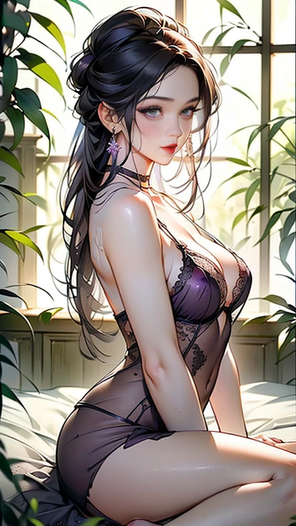 ((((Highest quality))))、(((Ultra-precision CG16K wallpaper)))、(((masterpiece)))、(((Super detailed)))、(((Extreme detail)))、((１Mature 29 year old woman:1.6))、((Very beautiful Japan face of a person))、((Urizane Face:1.8))、((Medium Straight Hair:1.6))、(Shiny Hair)、A delicately drawn beautiful face、(Dark Eyes、Reflected light from the eye)、double eyelid、High nose、Small nostrils、Small Mouth、Seductive lips、Beautiful breasts、((B cup size breasts))、Cleavage、A small vertical belly button、Delicate nails、Beautiful feet、((Thin thighs))、eight-headed body、Perfect proportions、Perfect Anatomy、Perfect composition、Beautiful detailed shading、Beautiful, natural lighting、Beautiful detail glow、Depth of written boundary、(((High chroma)))、(((Real:1.9)))、((vivid:1.5))、((Beautiful Skin))、((Skin Texture))、((Realistic skin feel))、(((Cowboy Shot:1.6)))、(((front view、shoot from front、front low angle:1.6)))、(((Half-open mouth、Half-open eyes:1.5)))、(((looking at camera:1.6)))、Bright daylight、Natural light、(((background_Bedroom、Foliage plant:1.5)))、(Sitting pose:1.6)、(((Light purple see-through lace negligee:1.6)))、((choker、Wearing earrings:1.5))、(((Woman sitting on bed:1.6)))、