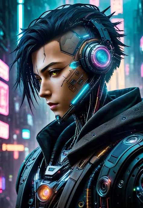(((Cybernetic boy))) adorned with cyberpunk elements, blending seamlessly into a cyberpunk environment, (mysterious) and (dystop...
