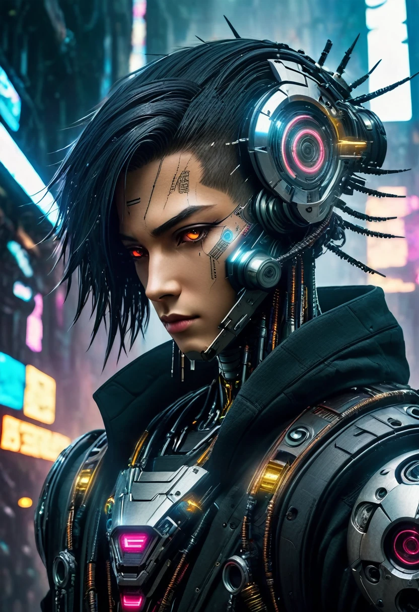 (((Cybernetic boy))) adorned with cyberpunk elements, blending seamlessly into a cyberpunk environment, (mysterious) and (dystopian) ambiance, (masterpiece) of lifelive photo