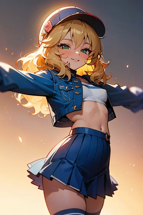 masterpiece,best quality, ultra-detailed,1girl(sakurai momoka, lovely small breasts, glow skin, wavy hair, long hair, blonde hair,green eyes),smile, glow lips, nose blush, blush, facing viewer, looking at viewer, solo, blue jacket, underboob , breasts , navel, blue pleats skirt, ultra mini skirt, baseball cap, white  thighhighs, field, standing, Sexy waist teasing, spread arms 