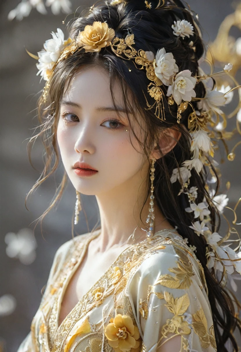 beautyful woman in a silk dress with a flower crown on her head, gold attire a stunning portrait of a goddess, a beautiful fantasy empress, traditional beauty, beautiful oriental woman, portrait of a beautiful goddess, wearing an ornate outfit, wearing ornate clothing, extremely detailed goddess shot, ((a beautiful fantasy empress)), dressed in ornate, goddess. extremely high detail, ornate clothing -style 999