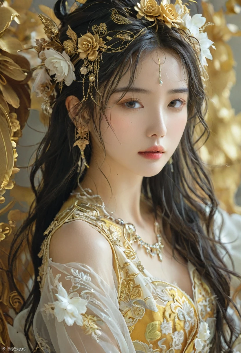 beautyful woman in a silk dress with a flower crown on her head, gold attire a stunning portrait of a goddess, a beautiful fantasy empress, traditional beauty, beautiful oriental woman, portrait of a beautiful goddess, wearing an ornate outfit, wearing ornate clothing, extremely detailed goddess shot, ((a beautiful fantasy empress)), dressed in ornate, goddess. extremely high detail, ornate clothing -style 999