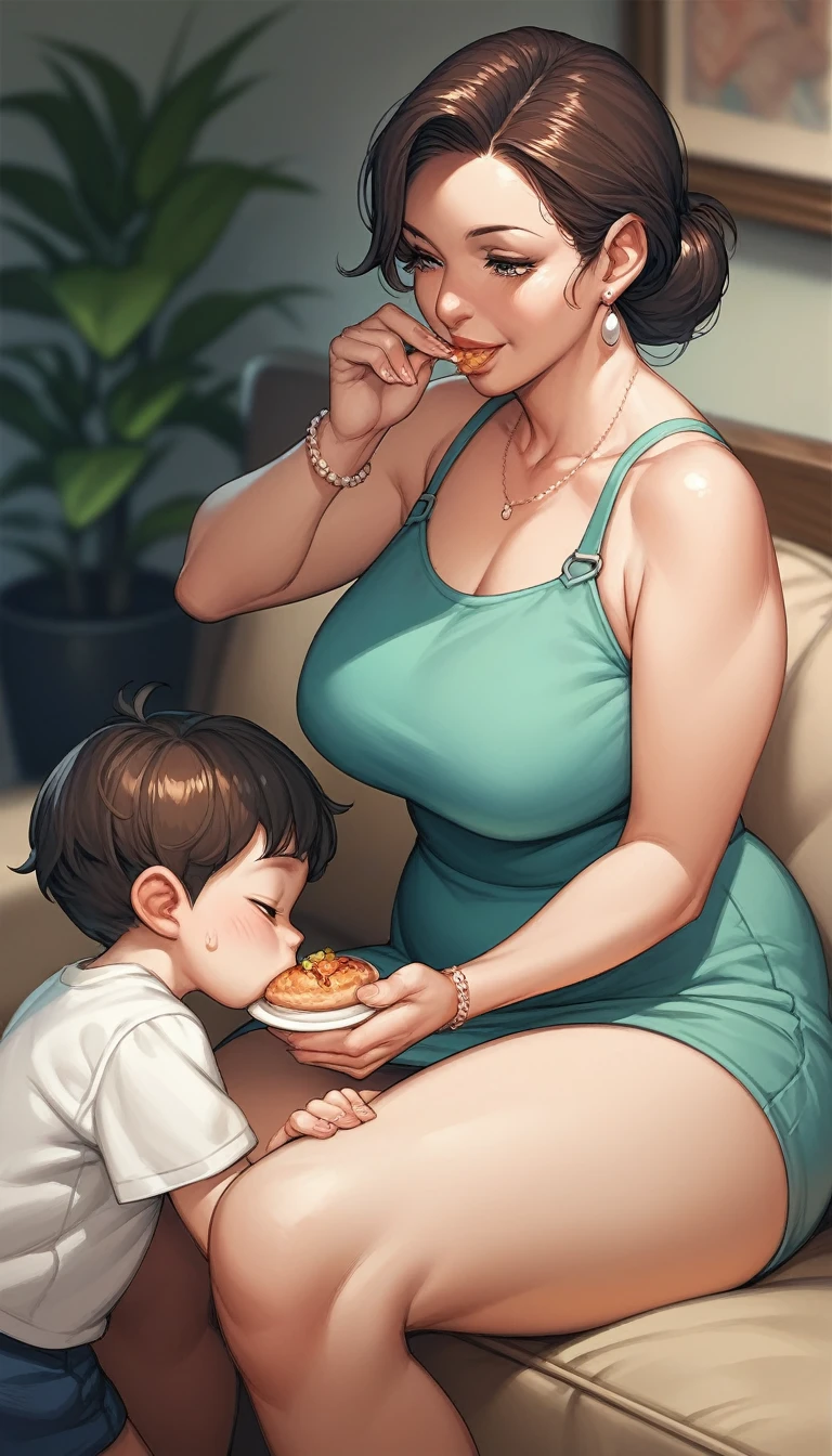 score_9, score_8_up, score_7_up, source_anime, 1boy, 1girl, mature female, mother and son, kid, (mother is feeding her son), on a mother's lap, mother is assisting son to eat,