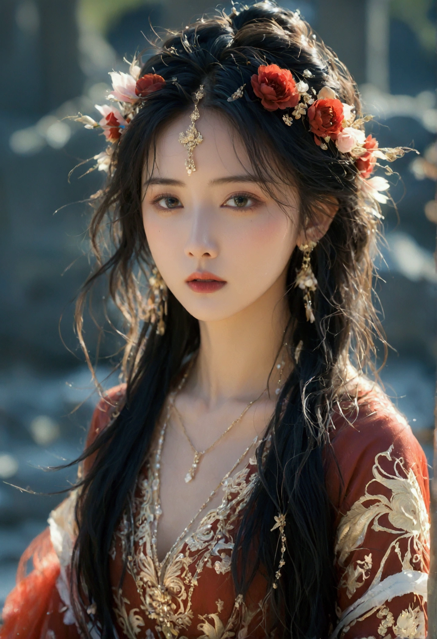 beautyful woman in a silk dress with a flower crown on her head, red and gold attire a stunning portrait of a goddess, a beautiful fantasy empress, traditional beauty, beautiful oriental woman, portrait of a beautiful goddess, wearing an ornate outfit, wearing ornate clothing, extremely detailed goddess shot, ((a beautiful fantasy empress)), dressed in ornate, goddess. extremely high detail, ornate clothing -style 999