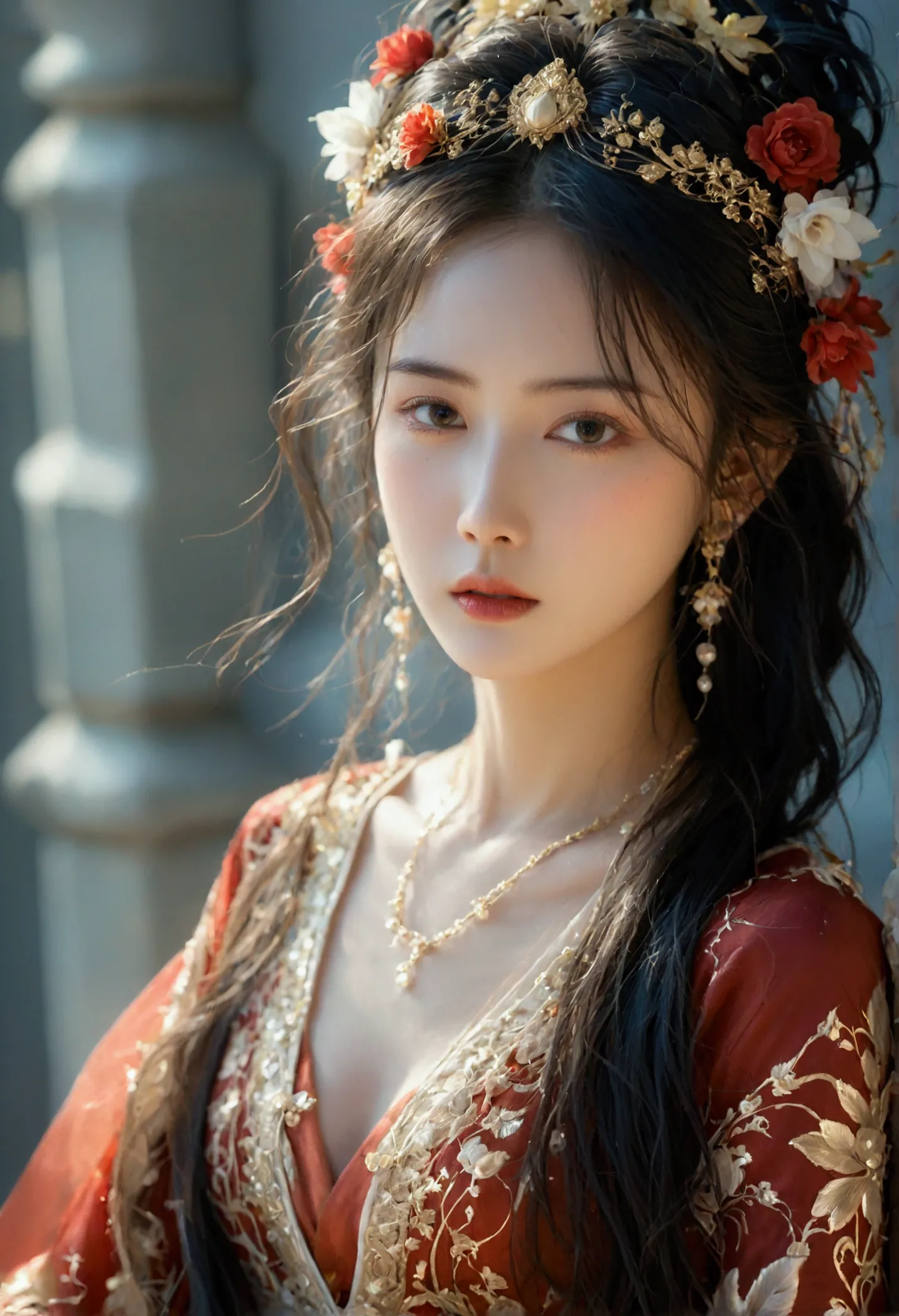 beautyful woman in a silk dress with a flower crown on her head, red and gold attire a stunning portrait of a goddess, a beautif...