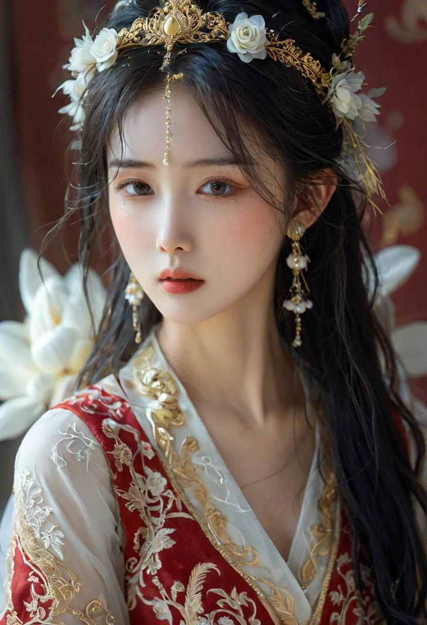 beautyful woman in a silk dress with a flower crown on her head, red and gold attire a stunning portrait of a goddess, a beautiful fantasy empress, traditional beauty, beautiful oriental woman, portrait of a beautiful goddess, wearing an ornate outfit, wearing ornate clothing, extremely detailed goddess shot, ((a beautiful fantasy empress)), dressed in ornate, goddess. extremely high detail, ornate clothing -style 999