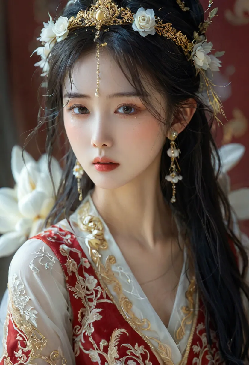 beautyful woman in a silk dress with a flower crown on her head, red and gold attire a stunning portrait of a goddess, a beautif...