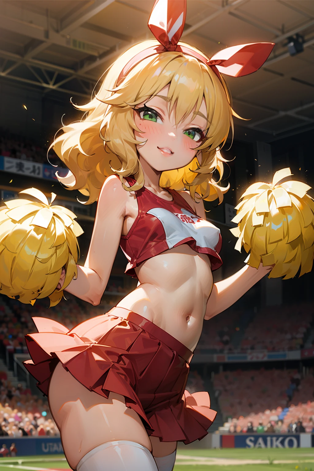 masterpiece,best quality, ultra-detailed,1girl(sakurai momoka, lovely small breasts, glow skin, wavy hair, long hair, blonde hair, headband, pink flower in hair,green eyes),smile, glow lips, nose blush, blush, facing viewer, looking at viewer, solo, cheerleader,red tank_top, underboob , breasts , navel, red pleats skirt, ultra mini skirt, white thighhighs, field, jumping,  sexy jump, hands up, Sexy waist teasing, , 