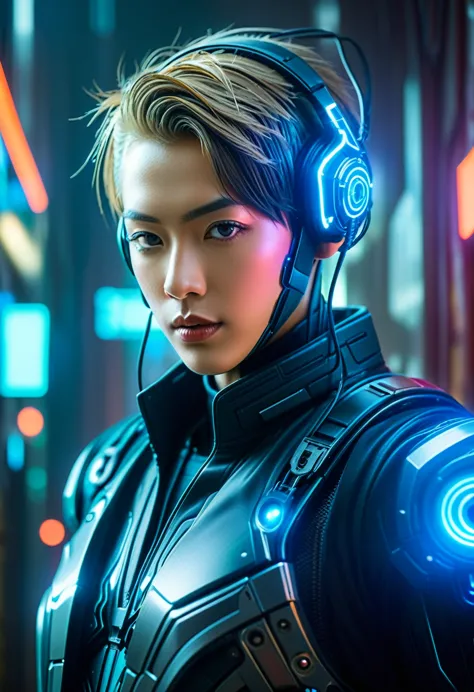 Close-up of a (((Cybernetic boy))) adorned with cyber elements, blending seamlessly into a cyberpunk environment, (mysterious) a...