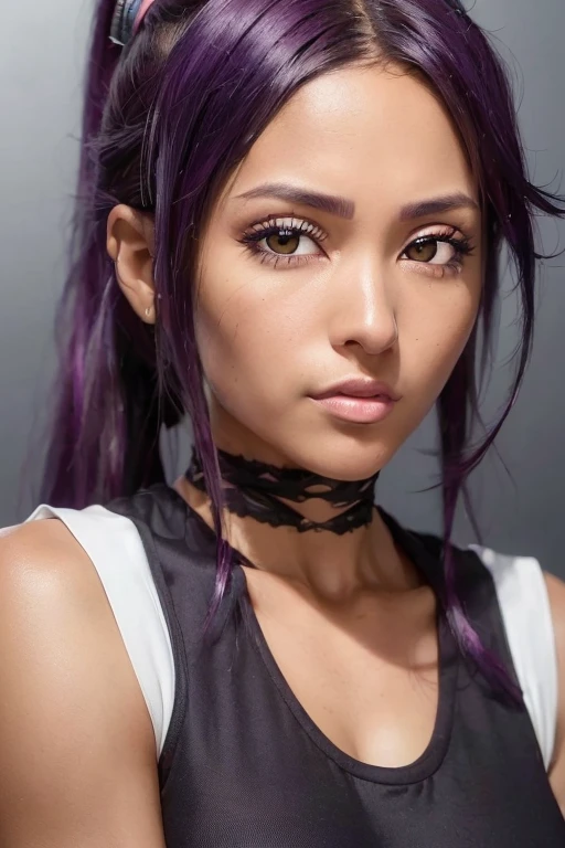 RAW Photos, ((((Extreme beauty portrait))), 1 female, yoruichi shihouin, Dark skin, Long dark purple hair, ponytail, ((Detailed eyes:1.2)), Wearing a tank top, sexy, Sensual, No sleeve, Underbust, masterpiece, Highest quality, Highest quality, Official Art, beautifully、aesthetic:1.2), Very detailed, colorful, Most detailed, looking at viewer, 