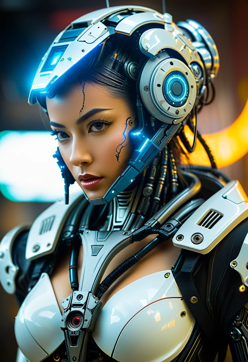 Close-up of a (((Cybernetic model woman))) adorned with robotiec elements, blending seamlessly into a cyberpunk environment, (mysterious) and (brutal) ambiance, (masterpiece) of lifelive art, mechanized military helmet detail