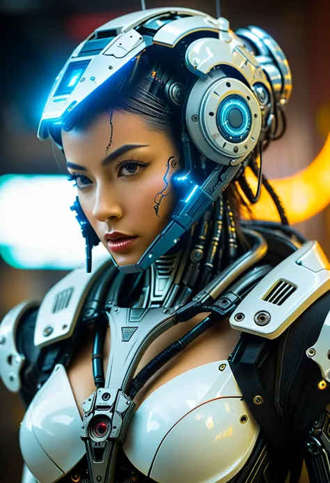 Close-up of a (((Cybernetic model woman))) adorned with robotiec elements, blending seamlessly into a cyberpunk environment, (my...