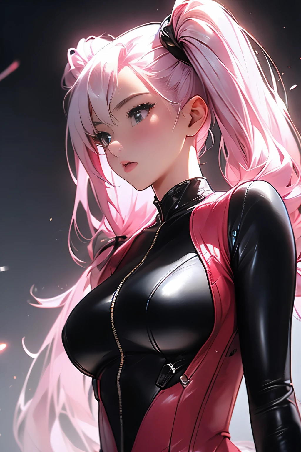 ((Upper body photo))、Cute face、Pink Hair、Long Hair、Twin tails、White skin、High nose, ((Shooting from the front:1.5 ))、((Tight black leather suit:1.5)), ((Big Breasts)), Pointed nipples, masterpiece
