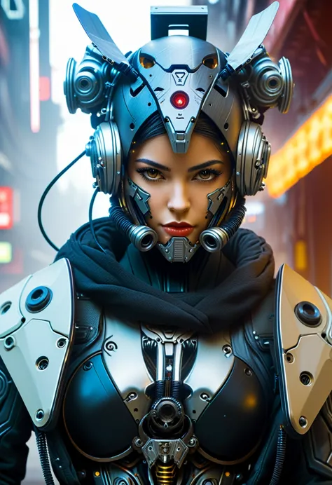 Close-up of a (((Cybernetic girl))) adorned with robotiec elements, blending seamlessly into a cyberpunk environment, (mysteriou...