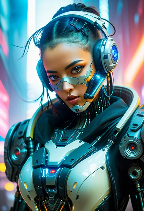 Close-up of a (((Cybernetic girl))) adorned with robotiec elements, blending seamlessly into a cyberpunk environment, (mysteriou...