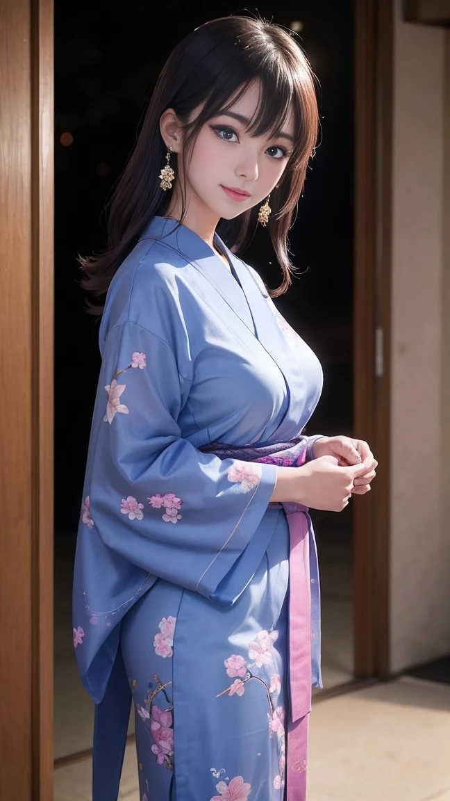  A 17-year-old Japanese girl with mesmerizing iridescent hair that shifts colors subtly in the moonlight, reminiscent of cherry blossoms. She wears a yukata that blends traditional elegance with a hint of allure, perfectly complementing her slender figure. Her sky-blue eyes sparkle with warmth and curiosity as she gazes directly at the viewer in a cowboy shot against the backdrop of a serene night store. Her hands are meticulously detailed, with perfectly corrected fingers and adorned with delicate earrings that catch the ambient light. Her smile is gentle yet inviting, reflecting both youthfulness and cultural grace.