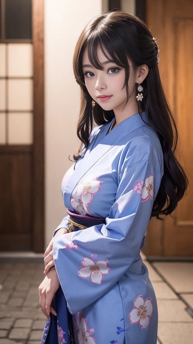  Ein 1 japanisches Mädchen mit hypnotisierendem, schillerndem Haar, das im Mondlicht subtil seine Farbe verändert., erinnert an Kirschblüten. Sie trägt einen Yukata, der traditionelle Eleganz mit einem Hauch von Verführung verbindet., und ergänzen ihre schlanke Figur perfekt. Ihre himmelblauen Augen funkeln vor Wärme und Neugier, während sie in einer Cowboyaufnahme vor dem Hintergrund eines ruhigen Nachtladens direkt auf den Betrachter blickt.. Ihre Hände sind akribisch detailliert, mit perfekt manikürten Fingern und geschmückt mit zarten Ohrringen, die das Umgebungslicht auffangen.. Ihr Lächeln ist sanft und doch einladend., und spiegeln sowohl Jugendlichkeit als auch kulturelle Anmut wider..