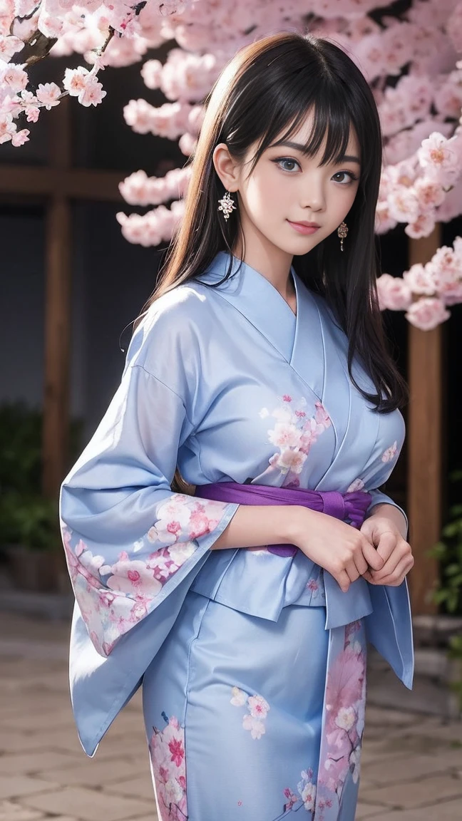  Una niña japonesa con un cabello iridiscente fascinante que cambia de color sutilmente a la luz de la luna, que recuerda a las flores de cerezo. Lleva un yukata que combina la elegancia tradicional con un toque de encanto, complementando perfectamente su figura esbelta. Sus ojos azul cielo brillan con calidez y curiosidad mientras mira directamente al espectador en un plano cowboy contra el telón de fondo de una serena tienda nocturna. Sus manos están meticulosamente detalladas, con dedos perfectamente corregidos y adornados con delicados aretes que captan la luz ambiental. Su sonrisa es suave pero acogedora, reflejando tanto juventud como gracia cultural.