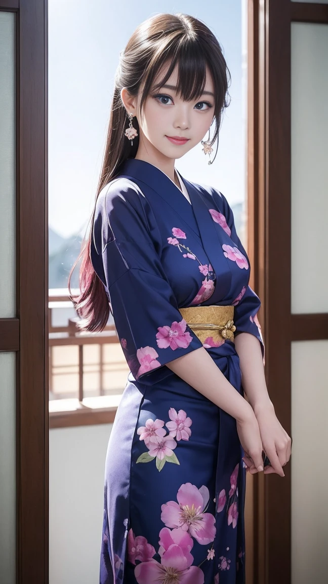  A 17-year-old Japanese girl with mesmerizing iridescent hair that shifts colors subtly in the moonlight, reminiscent of cherry blossoms. She wears a yukata that blends traditional elegance with a hint of allure, perfectly complementing her slender figure. Her sky-blue eyes sparkle with warmth and curiosity as she gazes directly at the viewer in a cowboy shot against the backdrop of a serene night store. Her hands are meticulously detailed, with perfectly corrected fingers and adorned with delicate earrings that catch the ambient light. Her smile is gentle yet inviting, reflecting both youthfulness and cultural grace.