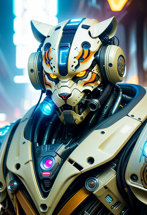 Close-up of a (((Cybernetic tiger))) adorned with robotiec elements, blending seamlessly into a cyberpunk environment, (mysterio...