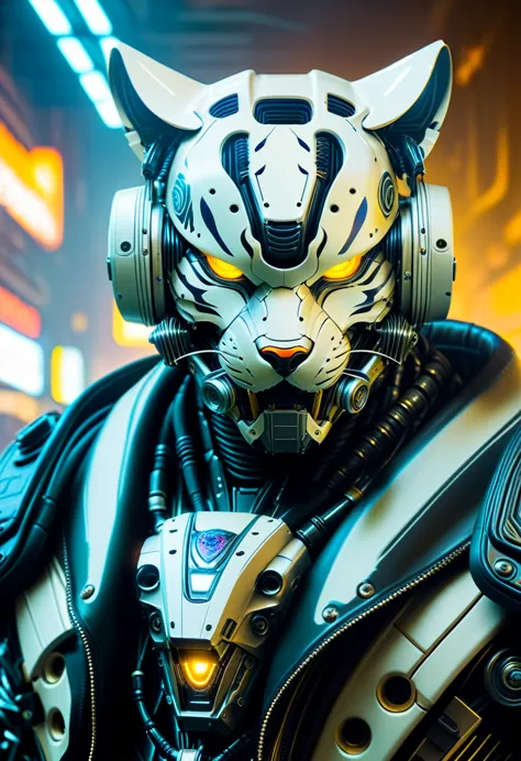 Close-up of a (((Cybernetic tiger))) adorned with robotiec elements, blending seamlessly into a cyberpunk environment, (mysterio...