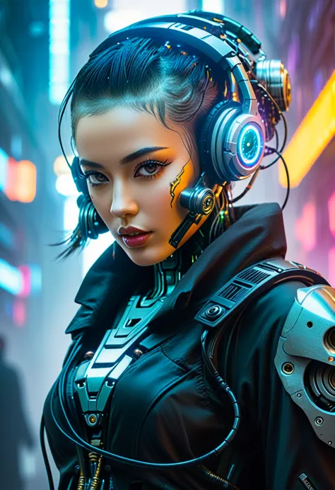 Close-up of a (((Cybernetic girl))) adorned with robotiec elements, blending seamlessly into a cyberpunk environment, (mysteriou...
