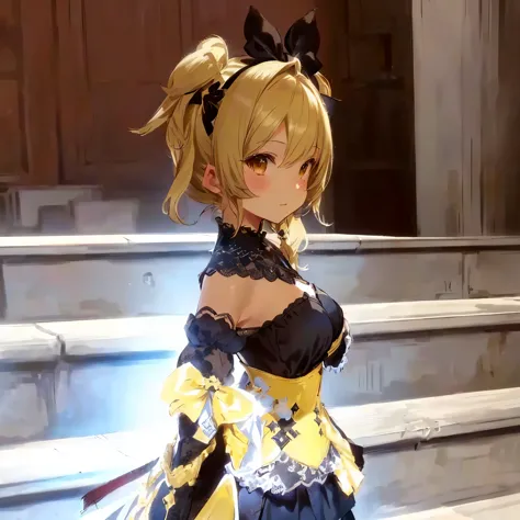 masterpiece:1.2, best quality, detailed and beautiful, a close up of a person standing on a set of stairs, lalafell, from bravely default ii, final fantasy 14 style, blade and soul, final fantasy 1 2 style, ffxiv, ffxiv heavensward, rin, holding a pudica pose, blonde - haired princess, , bravely default inspired, blond hair with pigtails, pigtail