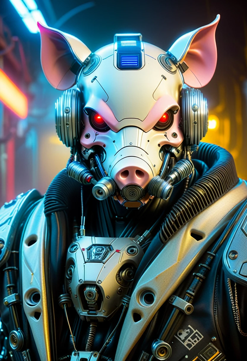 Close-up of a (((Cybernetic pig))) adorned with robotiec elements, blending seamlessly into a cyberpunk environment, (mysterious) and (brutal) ambiance, (masterpiece) of lifelive art, mechanized military helmet detail, skull mask