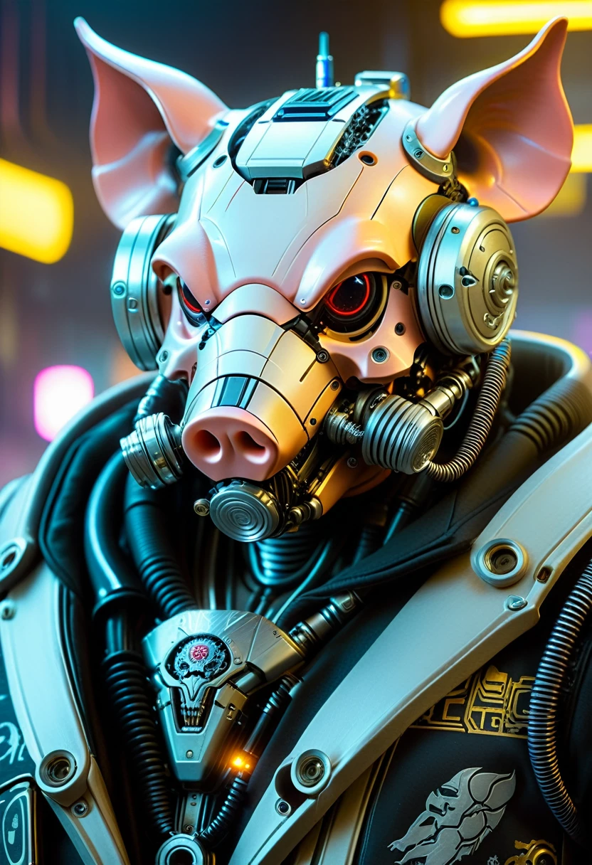 Close-up of a (((Cybernetic pig))) adorned with robotiec elements, blending seamlessly into a cyberpunk environment, (mysterious) and (brutal) ambiance, (masterpiece) of lifelive art, mechanized military helmet detail, skull mask