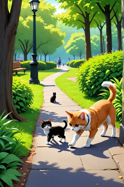 the tiny dog barks down to save the tiny cat. people walking in the park hear this sound and notice the tiny cat.