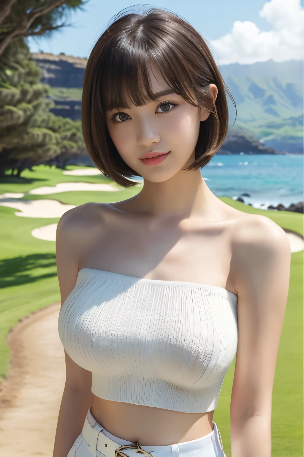 masterpiece、Highest quality、White people、Beautiful golfer、Hawaii、Sea view golf course、BREAK (White knit strapless cropped tops:1.5), (strapless:1.5), (bare shoulders:1.5),(very short hair,Blunt bangs:1.1)、Big Breasts、Usage、Glamour、22 years old、shoes、Shorts with a shallow crotch、belt、Realistic body、Flat stomach、(bionde、very short Hair、ponytail)、Oval Face、Square chin、Beautiful semicircular eyes、Clear blue eyes、Narrow-mouthed、Thick open lips、A light smile、((stand))、(Big Breasts:1.8)、(下から:1.8)