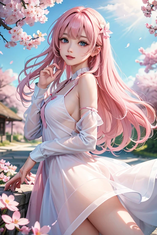 (CG unity 8k wallpaper extremely detailed) (Better Quality) (Better lighting) (an extremely delicate and beautiful) (floating) (beautiful) (Spring atmosphere) (One girl) (Long pink hair), (hair band), (detailed and beautiful blue eyes), ((Very short white dress, pink race underside), (race), ((Lightweight and transparent silk))), (Cherry blossom petals), (butterfly), (Depth of written boundary), (Volumetric Light) Cinema Lighting, chromatic aberration, Sony FE GM, Textured skin, Attention to detail, High resolution, 8k