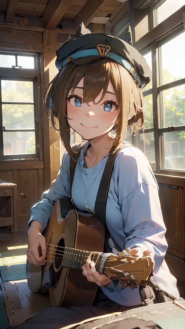 masterpiece, Highest quality, High resolution, Very detailed,(((Schwarzgran))), (((I have a guitar。)))、(((indoor)))、(((smile)))、(((window)))、sunny, Horse ears, White Beret