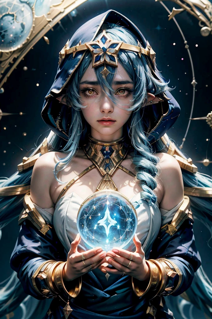 (1 girl solo, long flowy blue hair, yellow eyes, blue and white clothes, white leggings, blue hood, golden details and accessories, bare shoulders) ((portrait closeup shot, floating in space)) (masterpiece), (best quality:1.4), absurdres, [:intricate details:0.2], 1girl, Flowing robes, intricate magical circles, glowing map of the stars and constellations and galaxies, shimmering aura, intense focus, arcane incantations, crackling energy, levitating artifacts, flickering candles, swirling mist, sparkling stars, mystical crystals, glowing sigils, otherworldly chanting, mysterious symbols, powerful invocation, transcendent awareness, cinematic light, cinematic shot, dramatic shot, movie poster aestethic