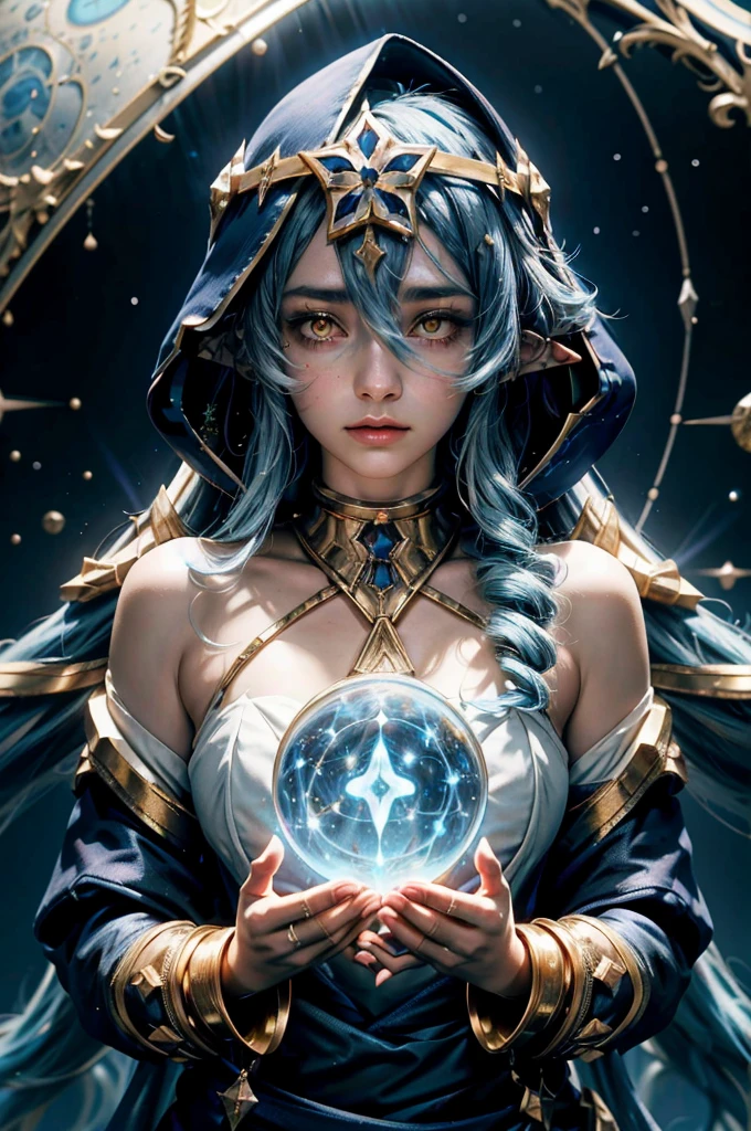 (1 girl solo, long flowy blue hair, yellow eyes, blue and white clothes, white leggings, blue hood, golden details and accessories, bare shoulders) ((portrait closeup shot, floating in space)) (masterpiece), (best quality:1.4), absurdres, [:intricate details:0.2], 1girl, Flowing robes, intricate magical circles, glowing map of the stars and constellations and galaxies, shimmering aura, intense focus, arcane incantations, crackling energy, levitating artifacts, flickering candles, swirling mist, sparkling stars, mystical crystals, glowing sigils, otherworldly chanting, mysterious symbols, powerful invocation, transcendent awareness, cinematic light, cinematic shot, dramatic shot, movie poster aestethic