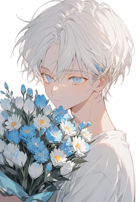 soft lines、boy、white hair、short hair、((((hold light blue bouquet))))、💐💐💐💐💐💐💐💐💐💐💐、upper body、whiteｔshirt、white background、front、l...