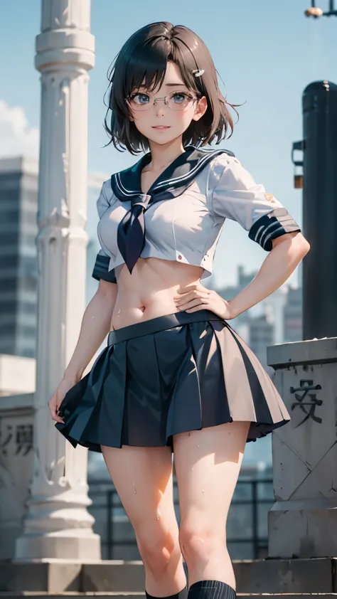 One girl,18-year-old,Perfect hands, Perfect Fingers,Perfect Anatomy, masterpiece, Highest quality,Realistic, hyperRealistic, 16k hdr,, disease, Bobcut, Black Hair, blue eyes, (Glasses), (Sailor Warrior Uniform,Ultra mini skirt:1.3),Outdoor,Are standing,(Sweat:1.1),(Smile),Super small breasts,Cleavage,(Sexy pose:1.2),Spread your legs,From below,belly button,