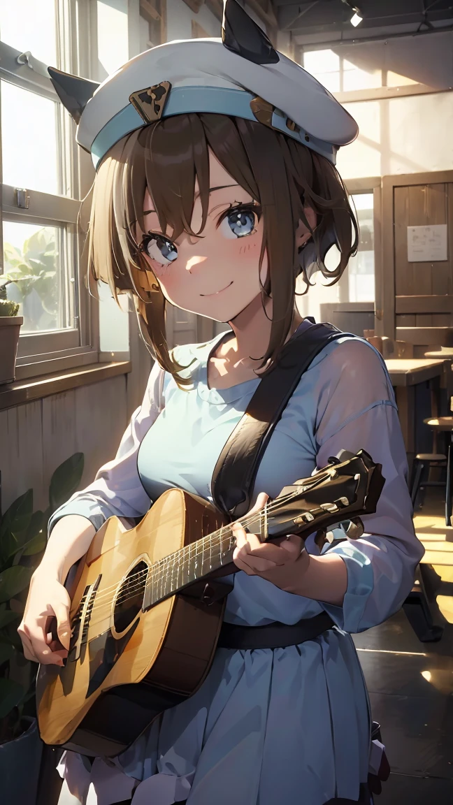 masterpiece, Highest quality, High resolution, Very detailed,(((Schwarzgran))), (((I have a guitar。)))、(((indoor)))、(((smile)))、(((window)))、sunny, Horse ears, White Beret