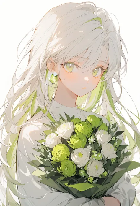 soft lines、girl、white hair、straight long hair、((((hold light green bouquet))))、💐💐💐💐💐💐💐💐💐💐💐、upper body、whiteｔshirt、white backgrou...