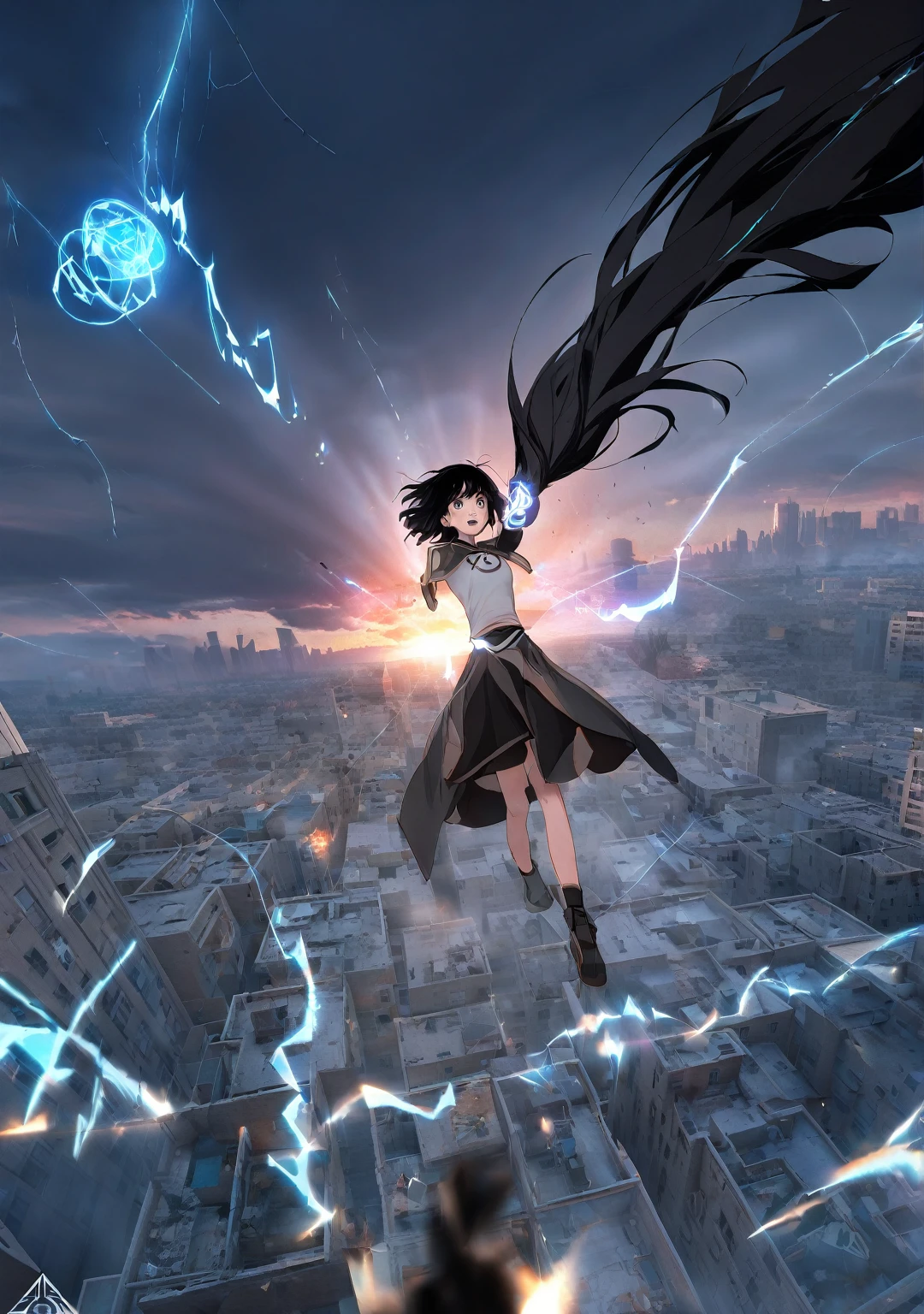 Breathtaking graphics, angle from the ground, shooting epic shots: a huge magic rune hovering over the city, breathtaking landscapes and impressive lighting effects that create impressive visual impressions, the destruction of the city, ((view from the ground: 1.2)), ((a girl with black hair in the foreground:1.2)), ((фокус на девочку)) 