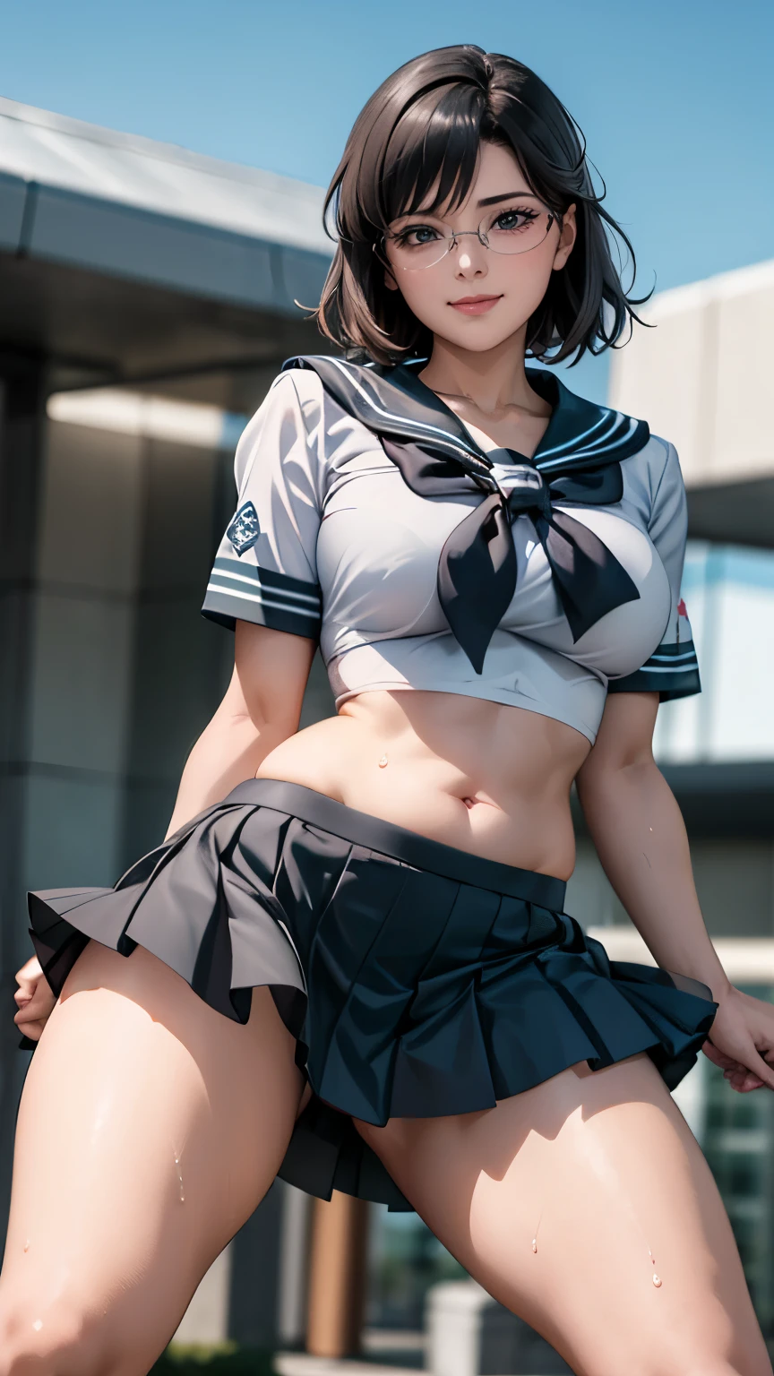 One girl,18-year-old,Perfect hands, Perfect Fingers,Perfect Anatomy, masterpiece, Highest quality,Realistic, hyperRealistic, 16k hdr,, disease, Bobcut, Black Hair, blue eyes, (Glasses), (Sailor Warrior Uniform,Ultra mini skirt:1.3),Outdoor,Are standing,(Sweat:1.1),(Smile),Super small breasts,Cleavage,(Sexy pose:1.2),Spread your legs,From below,belly button,